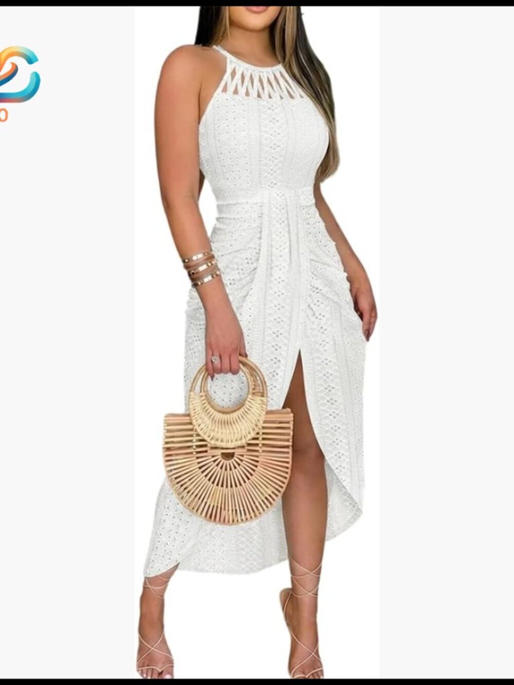 Summer Halter Ruched Bodycon Maxi Dress with Side Slit & Eyelet Embroidery